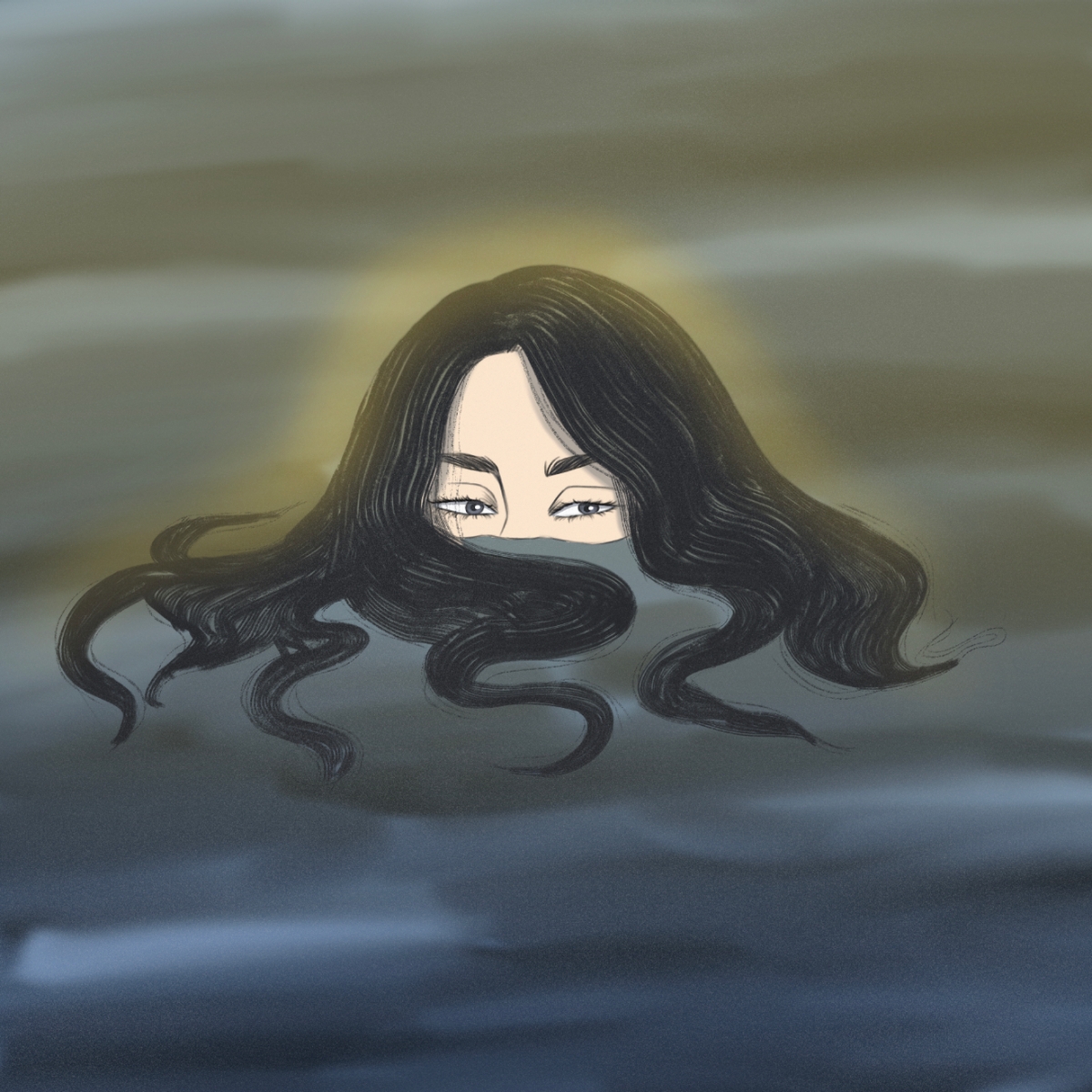 painting of person in water, hair floating out